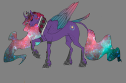 Size: 2082x1386 | Tagged: safe, artist:empressspacegoat, imported from derpibooru, princess celestia, princess luna, oc, oc only, oc:nebula, alicorn, pony, colored wings, curved horn, ethereal mane, eyes closed, female, fusion, gray background, horn, jewelry, leonine tail, mare, multicolored wings, raised hoof, simple background, smiling, solo, tiara, unshorn fetlocks, wings