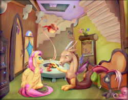 Size: 2000x1571 | Tagged: safe, artist:viwrastupr, imported from derpibooru, discord, fluttershy, pinkie pie, princess celestia, draconequus, pegasus, pony, tatzlwurm, couch, cup, discord's house, door, flower, food, lamp, pinklestia, stairs, tea, tea party, teacup, teapot, toy, upside down, window