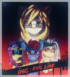 Size: 3000x3300 | Tagged: safe, artist:freak-side, imported from derpibooru, oc, oc only, oc:bright calm, oc:doll, oc:isaac, cyborg, earth pony, pegasus, pony, antagonist, evil, inc, old movie, poster, retro, villian