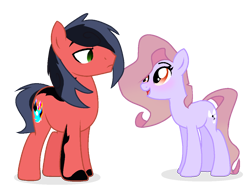 Size: 1200x895 | Tagged: safe, artist:chao-xing, edit, imported from derpibooru, oc, oc only, oc:dolly vite, oc:pete(mr.smokey), earth pony, base used, blushing, female, male, mare, oc x oc, shipping, simple background, smiling, stallion, transparent background