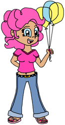 Size: 488x934 | Tagged: safe, artist:logan jones, imported from derpibooru, pinkie pie, human, balloon, belly button, breasts, clothes, feet, female, flip-flops, humanized, jeans, midriff, nail polish, pants, simple background, transparent background