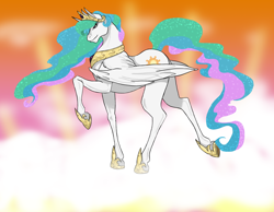 Size: 1896x1474 | Tagged: safe, artist:empressspacegoat, imported from derpibooru, princess celestia, alicorn, pony, cloud, ethereal mane, female, hoers, mare, raised hoof, solo