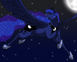 Size: 908x723 | Tagged: safe, artist:empressspacegoat, imported from derpibooru, princess luna, alicorn, pony, ethereal mane, eyes closed, female, flying, mare, moon, night, open mouth, sky, solo, starry mane, stars, wings