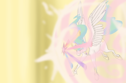 Size: 2032x1336 | Tagged: safe, artist:empressspacegoat, imported from derpibooru, princess celestia, alicorn, pony, princess twilight sparkle (episode), crying, curved horn, element of generosity, element of honesty, element of kindness, element of laughter, element of loyalty, element of magic, elements of harmony, ethereal mane, female, flying, horn, jewelry, leonine tail, magic, screenshot redraw, solo, tiara, wings