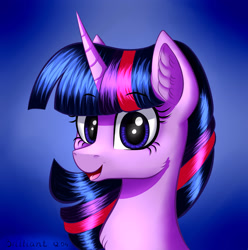 Size: 2970x3000 | Tagged: safe, artist:brilliant-luna, imported from derpibooru, twilight sparkle, pony, blue background, bust, cheek fluff, chest fluff, cute, female, high res, looking at you, open mouth, portrait, simple background, smiling, solo, twiabetes, wrong eye color