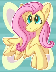 Size: 2000x2564 | Tagged: safe, artist:onyxmonarchy, imported from derpibooru, fluttershy, butterfly, pegasus, pony, bust, crossed hooves, female, mare, portrait, sidemouth, smiling, solo, spread wings, three quarter view, wings