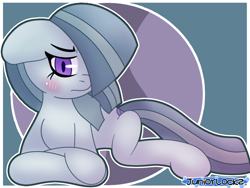 Size: 994x746 | Tagged: safe, artist:juniortheherowriter, imported from derpibooru, marble pie, earth pony, pony, cutie mark background, female, hair over one eye, lying, mare, solo, white outline