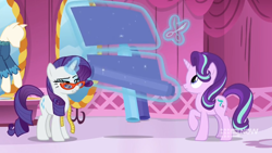 Size: 1600x900 | Tagged: safe, imported from derpibooru, screencap, rarity, starlight glimmer, a-dressing memories, spoiler:a-dressing memories, spoiler:mlp friendship is forever, 9now, boutique, cutting, fabric, glasses, levitation, magic, mannequin, measuring tape, rarity's glasses, scissors, self harm, telekinesis