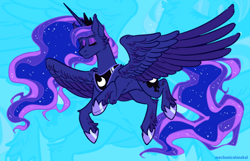 Size: 2100x1350 | Tagged: safe, artist:mechanakal, artist:mechanicalanakal, imported from derpibooru, princess luna, alicorn, pony, blue background, cheek fluff, chest fluff, ear fluff, eyes closed, female, leg fluff, mare, simple background, solo, spread wings, wings, zoom layer