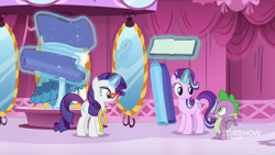 Size: 1600x900 | Tagged: safe, imported from derpibooru, screencap, rarity, spike, starlight glimmer, a-dressing memories, spoiler:a-dressing memories, spoiler:mlp friendship is forever, 9now, book, boutique, clothes, curtains, dress, fabric, glasses, levitation, magic, measuring tape, mirror, raised arms, rarity's glasses, scissors, scrapbook, telekinesis