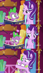 Size: 1280x2160 | Tagged: safe, edit, edited screencap, imported from derpibooru, screencap, spike, starlight glimmer, pony, unicorn, a-dressing memories, spoiler:a-dressing memories, spoiler:mlp friendship is forever, 9now, book, cuddling, female, heart, hug, kiss mark, lipstick, male, shipping, sparlight, straight