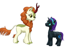 Size: 1600x1200 | Tagged: safe, artist:vasillium, imported from derpibooru, autumn blaze, oc, oc:nyx, alicorn, kirin, pony, accessories, accessory, alicorn oc, cutie mark, ears up, eyelashes, female, filly, headband, horn, looking at each other, mare, moon, nostrils, poker face, shield, simple background, staring contest, transparent background, wings