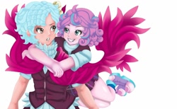 Size: 1280x788 | Tagged: safe, artist:jennobasilicum, imported from derpibooru, cozy glow, princess flurry heart, human, equestria girls, blushing, cape, clothes, cozyheart, crystal prep academy uniform, equestria girls-ified, female, freckles, hug, human coloration, humanized, lesbian, older, school uniform, shipping, shirt, shoes, simple background, skirt, sneakers, socks, vest, white background