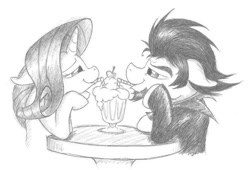 Size: 1024x695 | Tagged: safe, artist:smashedatoms, imported from derpibooru, rarity, oc, oc:sketchy, earth pony, pony, unicorn, canon x oc, clothes, commission, drinking, female, horn, jacket, leather jacket, looking at each other, male, mare, milkshake, monochrome, simple background, stallion, table, traditional art, white background