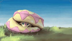 Size: 3840x2160 | Tagged: safe, alternate version, artist:eqlipse, imported from derpibooru, fluttershy, anthro, lamia, original species, serpent, snake, :c, curled up, cute, female, fluttersnake, frown, grass, hiding, looking at you, painterly, peeking, scared, shy, shyabetes, sky, snek, solo, species swap, wallpaper, x-com