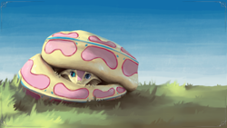 Size: 3840x2160 | Tagged: safe, alternate version, artist:eqlipse, imported from derpibooru, fluttershy, anthro, lamia, original species, serpent, snake, :c, curled up, cute, female, fluttersnake, frown, grass, hiding, looking at you, painterly, peeking, scared, shy, shyabetes, sky, snek, solo, species swap, viper, wallpaper, x-com