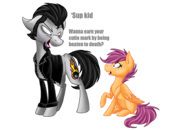 Size: 1024x768 | Tagged: safe, artist:themackerel, imported from derpibooru, scootaloo, oc, oc:sketchy, earth pony, pegasus, pony, art trade, clothes, cutie mark, digital art, female, filly, implied death, jacket, leather jacket, male, mare, simple background, stallion, tail, text, transparent background, vulgar, why, wings