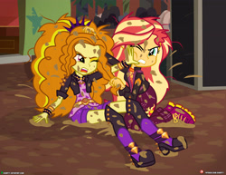 Size: 4000x3090 | Tagged: safe, artist:dieart77, imported from derpibooru, adagio dazzle, sunset shimmer, equestria girls, catfight, clothes, commission, digital art, dirty, fight, high heels, mud, mud wrestling, muddy, open mouth, pants, patreon, patreon logo, shoes, show accurate, wet and messy