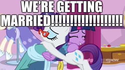 Size: 1280x720 | Tagged: safe, edit, edited screencap, imported from derpibooru, screencap, rarity, twilight sparkle, alicorn, unicorn, a-dressing memories, spoiler:a-dressing memories, spoiler:mlp friendship is forever, caption, excessive exclamation marks, female, hug, image macro, implied marriage, lesbian, marriage, rarilight, shipping, text, twilight sparkle (alicorn)