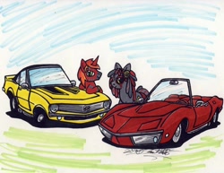 Size: 1024x789 | Tagged: safe, artist:sketchywolf-13, imported from derpibooru, oc, oc only, earth pony, pony, unicorn, car, chevrolet, chevrolet camaro, chevrolet corvette, commission, duo, horn, male, stallion, traditional art