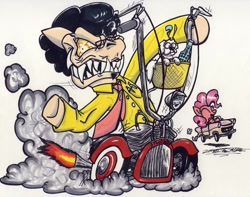 Size: 1024x808 | Tagged: safe, artist:sketchywolf-13, imported from derpibooru, pinkie pie, earth pony, pony, bloodshot eyes, car, commission, driving, fire, nash metropolitan, rat fink, riding, sharp teeth, simple background, smoke, teeth, traditional art, vehicle, white background