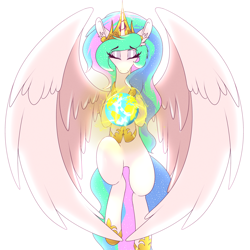 Size: 4000x4000 | Tagged: safe, artist:tatemil, imported from derpibooru, princess celestia, alicorn, pony, ear fluff, earth, eyes closed, female, giantlestia, glowing horn, horn, macro, magic, mare, pony bigger than a planet, simple background, solo, spread wings, wings