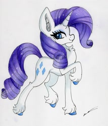 Size: 2445x2861 | Tagged: safe, artist:luxiwind, imported from derpibooru, rarity, pony, unicorn, female, high res, looking at you, raised hoof, simple background, solo, traditional art, unshorn fetlocks