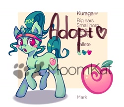 Size: 2147x1854 | Tagged: safe, artist:moomkat, imported from derpibooru, oc, pony, unicorn, adoptable, big ears, butt, commission, cutie, food, green, lush, peach, ponytail, reference, reference sheet, sale