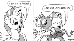 Size: 1200x675 | Tagged: safe, artist:pony-berserker, imported from derpibooru, gallus, silverstream, classical hippogriff, griffon, hippogriff, pony, blushing, cute, diastreamies, eyes closed, gallabetes, halftone, hug, implied gallstream, looney tunes, monochrome, pony-berserker's twitter sketches, reference, silverstream hugs gallus, stippling, tweety bird