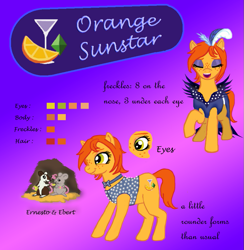 Size: 883x905 | Tagged: safe, artist:fermin-tenava, imported from derpibooru, oc, oc:orange sunstar, earth pony, earth pony oc, food, nightclub, orange, pansexual, reference sheet, singing