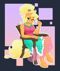 Size: 1280x1516 | Tagged: safe, artist:cadetredshirt, imported from derpibooru, applejack, anthro, earth pony, unguligrade anthro, applejewel, chair, clothes, digital art, dress, female, gradient background, looking at you, mare, missing accessory, simple background, sitting, solo