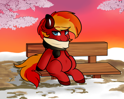 Size: 5000x4000 | Tagged: safe, artist:cyberafter, imported from derpibooru, oc, oc only, oc:dusty sprinkles, earth pony, pony, bench, clothes, commission, dusty sprinkles scarf, scarf, snow, solo