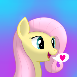 Size: 2600x2600 | Tagged: safe, artist:skbld, imported from derpibooru, fluttershy, pegasus, pony, bust, cute, female, gradient background, heart, high res, mare, open mouth, pictogram, portrait, shyabetes, smiling, solo, speech bubble, three quarter view