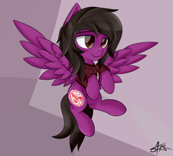 Size: 3000x2700 | Tagged: safe, artist:starmaster, imported from derpibooru, pegasus, pony, abstract background, clothes, commission, flying, hair over one eye, lidded eyes, male, nose piercing, pierce the veil, piercing, ponified, shirt, solo, spread wings, stallion, t-shirt, vic fuentes, wings, ych result