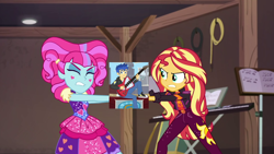 Size: 1920x1080 | Tagged: safe, edit, edited screencap, imported from derpibooru, screencap, flash sentry, kiwi lollipop, sunset shimmer, best trends forever, equestria girls, equestria girls series, sunset's backstage pass!, spoiler:eqg series (season 2), electric guitar, female, fight, flashimmer, geode of empathy, guitar, k-lo, kiwisentry, magical geodes, male, music festival outfit, musical instrument, shipping, straight