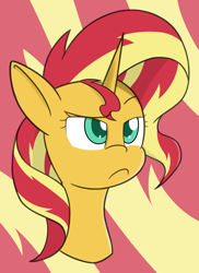 Size: 2138x2933 | Tagged: safe, artist:kaukanghong, imported from derpibooru, sunset shimmer, unicorn, abstract background, bust, digital art, female, mare, portrait, raised eyebrow, sunset shimmer is not amused, unamused