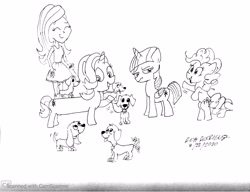 Size: 3224x2480 | Tagged: safe, artist:newportmuse, imported from derpibooru, fluttershy, pinkie pie, starlight glimmer, twilight sparkle, alicorn, dog, earth pony, human, pony, unicorn, dachshund, daschund, long glimmer, long pony, monochrome, traditional art, twilight sparkle (alicorn)