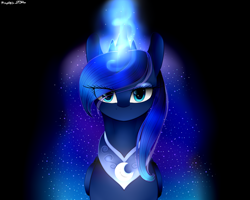 Size: 1500x1200 | Tagged: safe, artist:purediamond360, imported from derpibooru, princess luna, alicorn, pony, black background, bust, cute, ethereal mane, eye clipping through hair, female, glowing horn, horn, looking at you, lunabetes, mare, simple background, solo, starry mane