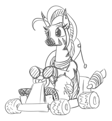 Size: 464x502 | Tagged: safe, artist:jargon scott, imported from derpibooru, oc, oc only, oc:matriarch zeg'us, pony, zebra, female, go kart, grayscale, mare, monochrome, simple background, sketch, solo, white background, zebra oc