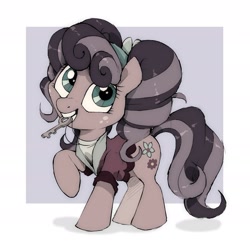 Size: 2381x2381 | Tagged: safe, artist:crossicatrix, imported from derpibooru, petunia petals, earth pony, pony, rainbow roadtrip, clothes, cute, desaturated, female, key, mare, mouth hold, pigtails, solo