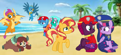 Size: 2340x1080 | Tagged: safe, artist:徐詩珮, imported from derpibooru, fizzlepop berrytwist, gallus, glitter drops, smolder, spring rain, sunset shimmer, tempest shadow, twilight sparkle, yona, alicorn, dragon, griffon, pony, unicorn, yak, series:sprglitemplight diary, series:sprglitemplight life jacket days, series:springshadowdrops diary, series:springshadowdrops life jacket days, alternate universe, bisexual, broken horn, chase (paw patrol), clothes, cute, dragoness, female, gallabetes, glitterbetes, glitterlight, glittershadow, horn, lesbian, lifeguard, lifeguard spring rain, male, mare, marshall (paw patrol), paw patrol, polyamory, shipping, skye (paw patrol), smolderbetes, sprglitemplight, springbetes, springdrops, springlight, springshadow, springshadowdrops, tempestbetes, tempestlight, twilight sparkle (alicorn), zuma (paw patrol)