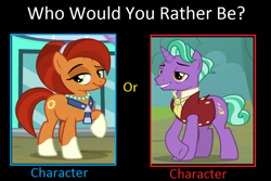 Size: 901x603 | Tagged: safe, imported from derpibooru, firelight, stellar flare, unicorn, duo, female, jewelry, male, mare, meme, necklace, necktie, socks (coat marking), socks (coat markings), stallion, would you rather