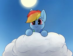 Size: 1444x1108 | Tagged: safe, artist:whiskeypanda, imported from derpibooru, rainbow dash, pegasus, pony, /mlp/, cloud, cute, dashabetes, drawthread, female, looking at you, looking down, looking down at you, mare, on a cloud, sky, smiling, solo, sun