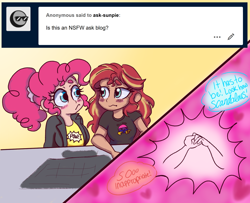 Size: 1280x1040 | Tagged: safe, artist:ask-sunpie, artist:wimsie, imported from derpibooru, pinkie pie, sunset shimmer, human, tumblr:ask sunpie, ask, bisexual pride flag, blushing, clothes, dark skin, dialogue, duo, female, heart, holding hands, humanized, jacket, lesbian, ponytail, pride, pride flag, shipping, shirt, sunsetpie