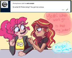 Size: 1280x1040 | Tagged: safe, artist:ask-sunpie, artist:wimsie, imported from derpibooru, pinkie pie, sunset shimmer, human, pony, tumblr:ask sunpie, ask, bi sunset, bisexual pride flag, blushing, clothes, dark skin, dialogue, duo, female, humanized, jacket, lesbian, pride, pride flag, shipping, shirt, sunsetpie
