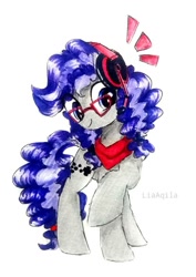 Size: 753x1061 | Tagged: safe, artist:liaaqila, imported from derpibooru, oc, oc only, oc:cinnabyte, earth pony, pony, adorkable, bandana, cinnabetes, cute, dork, gaming headphones, glasses, meganekko, smiling, traditional art