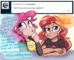 Size: 1280x1040 | Tagged: safe, artist:ask-sunpie, artist:wimsie, imported from derpibooru, pinkie pie, sunset shimmer, human, tumblr:ask sunpie, ask, bi sunset, bisexual pride flag, clothes, dark skin, dialogue, duo, female, humanized, jacket, lesbian, ponytail, pride, pride flag, shipping, shirt, sunsetpie