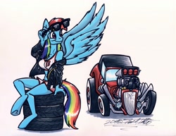 Size: 3300x2545 | Tagged: safe, artist:sketchywolf-13, imported from derpibooru, rainbow dash, anthro, pegasus, unguligrade anthro, breasts, busty rainbow dash, car, clothes, engine, female, ford, hot rod, jacket, leather jacket, simple background, solo, sunglasses, traditional art, v8, white background, white walls, wings