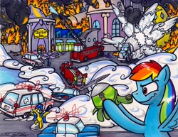 Size: 3288x2534 | Tagged: safe, artist:sketchywolf-13, imported from derpibooru, rainbow dash, tank, oc, pegasus, pony, tanks for the memories, 59 cadillac, 59 chevy, ambulance, bad end, burning, cadillac, car, chevrolet, cloudsdale, destruction, evil grin, explosion, factory, female, fire, fire engine, grin, mare, police car, rainbow grinch, smiling, traditional art, truck, weather factory