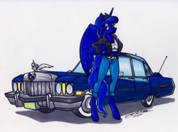 Size: 3225x2398 | Tagged: safe, artist:sketchywolf-13, imported from derpibooru, princess luna, alicorn, anthro, unguligrade anthro, cadillac, car, clothes, female, horn, looking at you, simple background, solo, traditional art, white background, wings